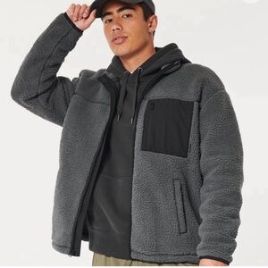 Hollister Gray Faux Shearling Fur Full Zip Jacket size XL
